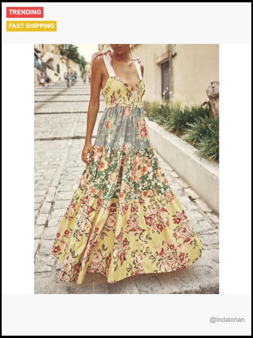 Floral Maxi Dress with Pockets Smocked Bodice Adjustable Tie Shoulder - Picture 5 of 6